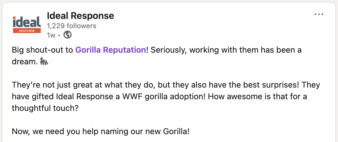 Client testimonial from Ideal Response praising Gorilla Reputation services