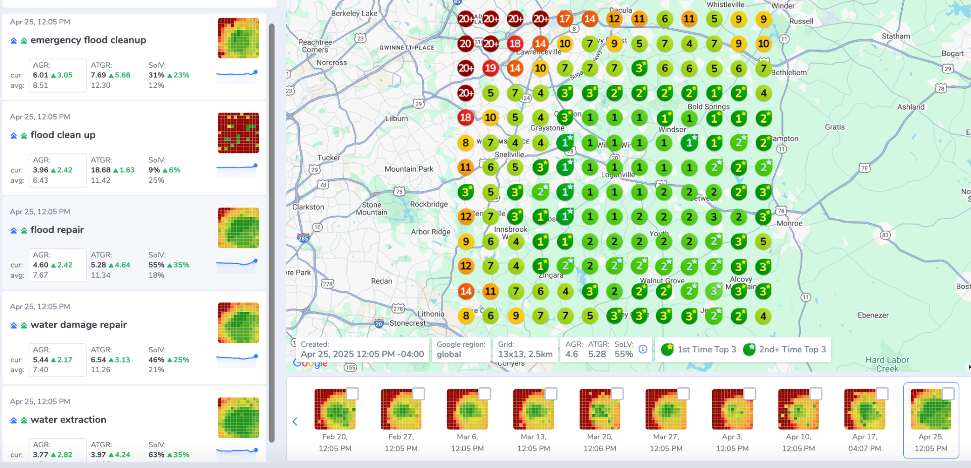 Map visualization showing local search rankings across different areas