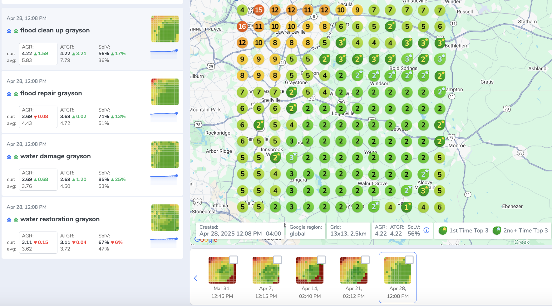 Geographic search performance data for flood cleanup services