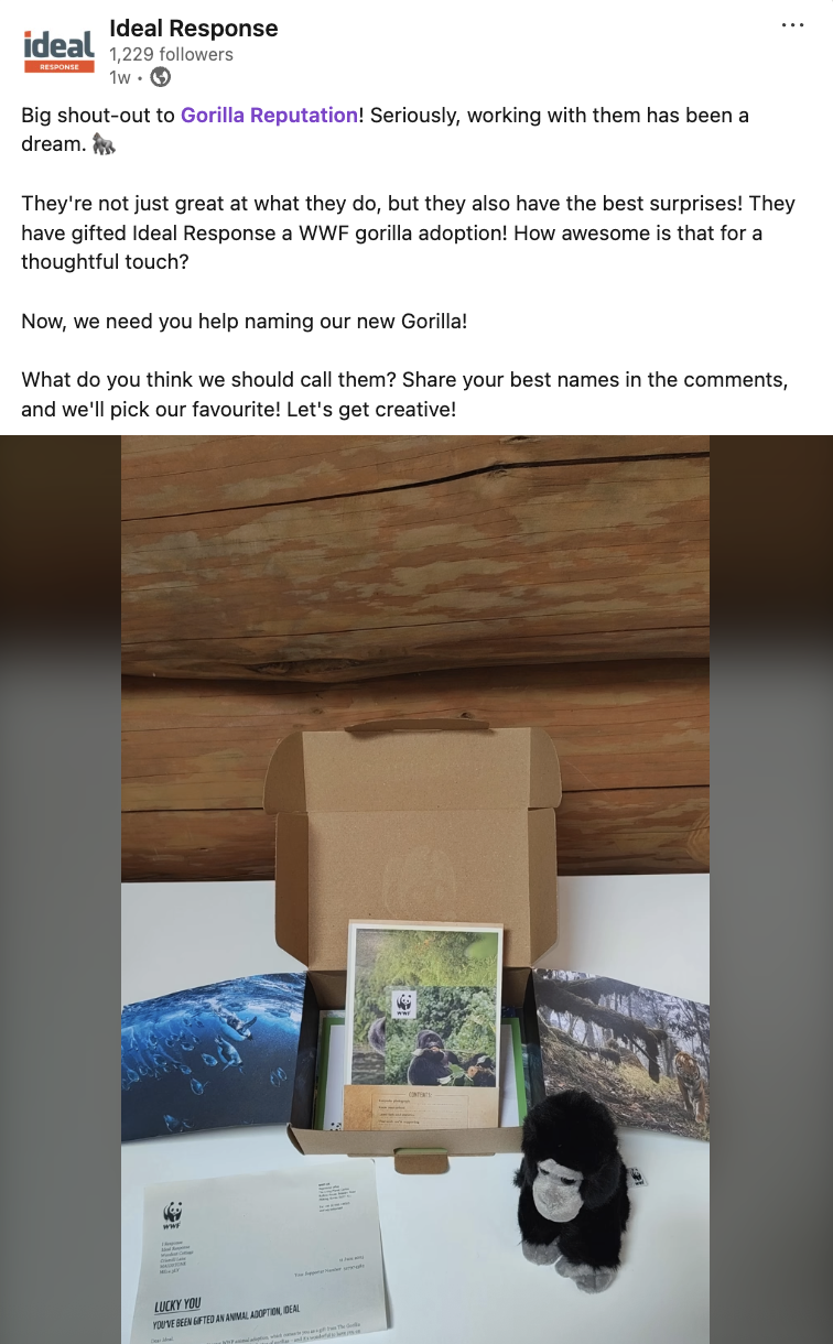 Social proof showing WWF gorilla adoption gift from Gorilla Reputation